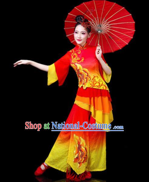 Chinese Traditional Folk Dance Costumes Fan Dance Yangko Group Dance Red Dress for Women