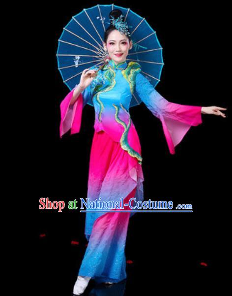 Chinese Traditional Folk Dance Costumes Fan Dance Yangko Group Dance Blue Clothing for Women