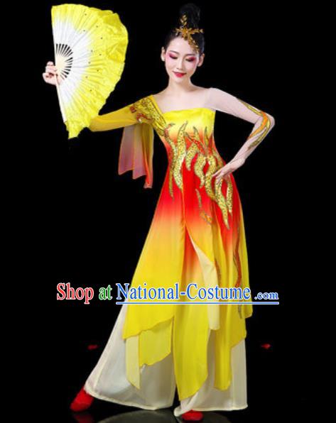 Chinese Classical Dance Costumes Traditional Umbrella Dance Group Dance Yellow Dress for Women