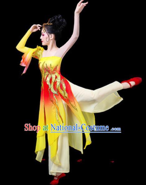 Chinese Classical Dance Costumes Traditional Umbrella Dance Group Dance Yellow Dress for Women