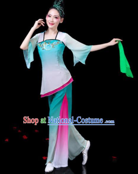 Chinese Traditional Folk Dance Costumes Umbrella Dance Yangko Group Dance Green Clothing for Women