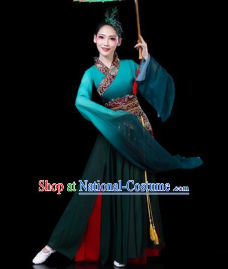 Chinese Classical Dance Costumes Traditional Umbrella Dance Group Dance Atrovirens Dress for Women