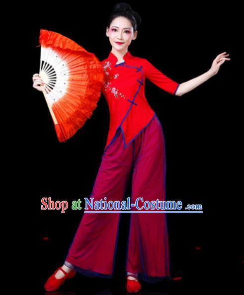 Chinese Traditional Folk Dance Costumes Fan Dance Yangko Group Dance Red Clothing for Women