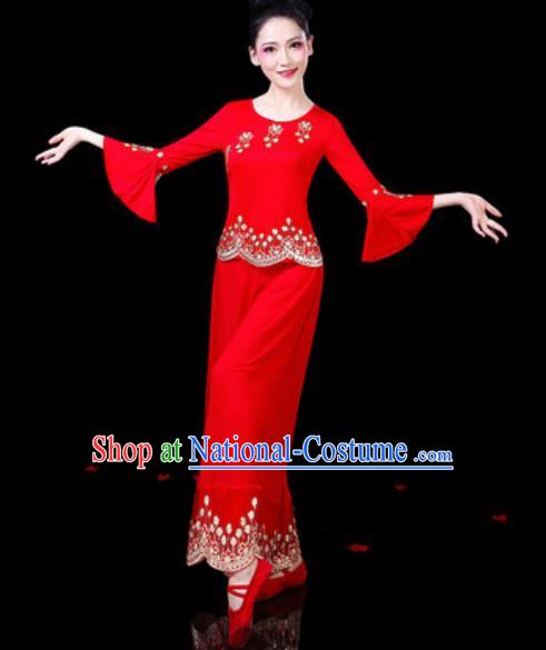 Chinese Traditional Folk Dance Costumes Fan Dance Yangko Group Dance Red Clothing for Women