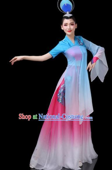 Chinese Traditional Classical Dance Costumes Fan Dance Group Dance Blue Dress for Women