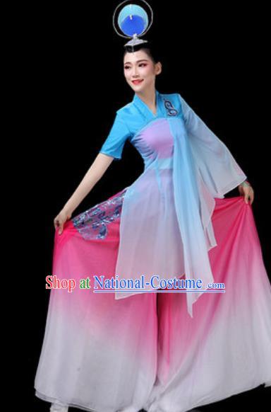 Chinese Traditional Classical Dance Costumes Fan Dance Group Dance Blue Dress for Women