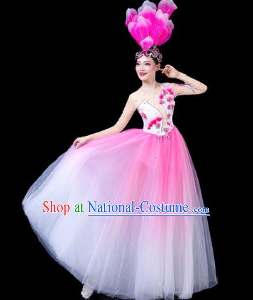 Top Grade Stage Show Chorus Costumes Group Dance Modern Dance Pink Veil Dress for Women