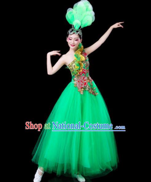 Top Grade Stage Show Chorus Costumes Group Dance Modern Dance Green Veil Dress for Women