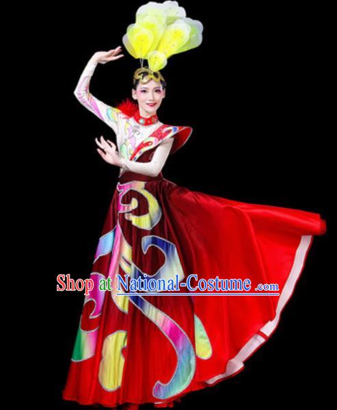 Top Grade Stage Show Chorus Costumes Group Dance Modern Dance Big Swing Red Dress for Women