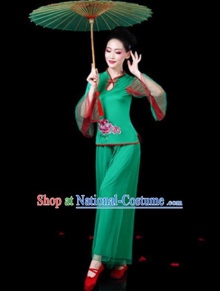 Chinese Traditional Folk Dance Costumes Fan Dance Yangko Drum Dance Green Mandarin Sleeve Clothing for Women