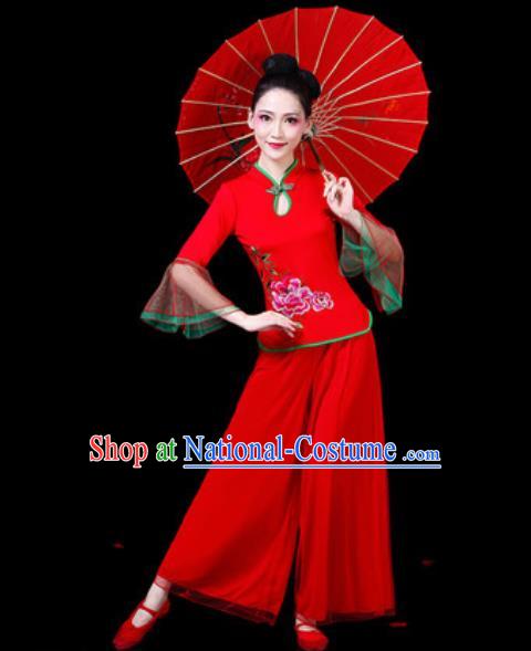 Chinese Traditional Folk Dance Costumes Fan Dance Yangko Drum Dance Red Mandarin Sleeve Clothing for Women