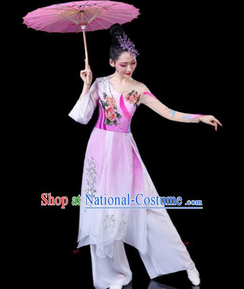 Chinese Classical Dance Umbrella Dance Costumes Traditional Lotus Dance Pink Dress for Women