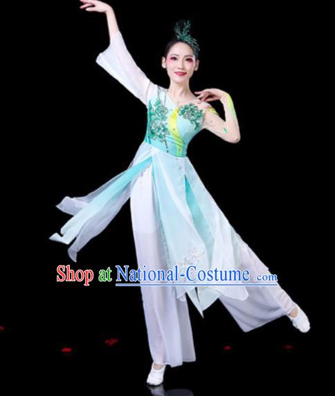 Chinese Classical Dance Umbrella Dance Costumes Traditional Lotus Dance Light Blue Dress for Women