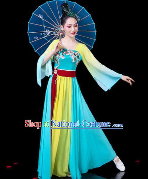 Chinese Classical Dance Umbrella Dance Costumes Traditional Lotus Dance Blue Dress for Women