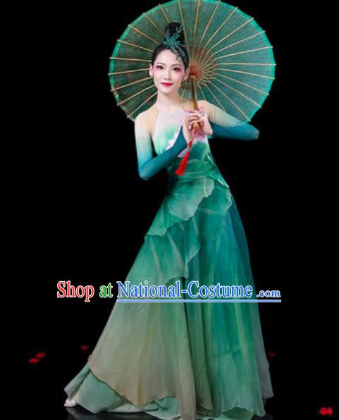 Chinese Classical Dance Umbrella Dance Costumes Traditional Lotus Dance Green Dress for Women