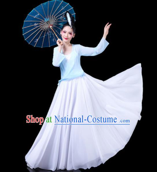 Chinese Classical Dance Costumes Traditional Chorus Umbrella Dance Blue Dress for Women