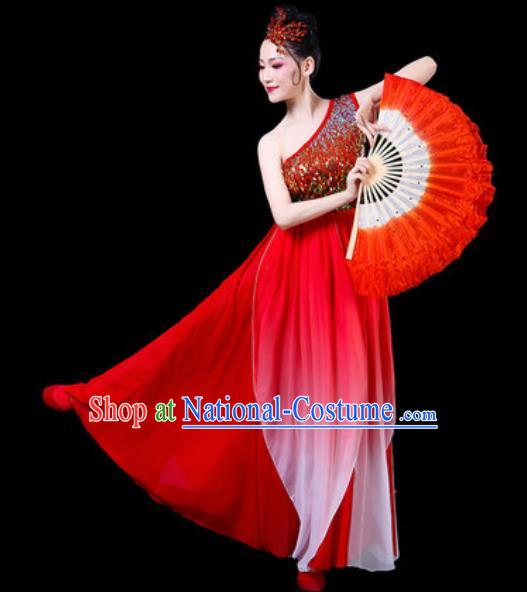 Chinese Classical Fan Dance Costumes Traditional Chorus Umbrella Dance Red Dress for Women