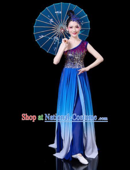 Chinese Classical Fan Dance Costumes Traditional Chorus Umbrella Dance Royalblue Dress for Women