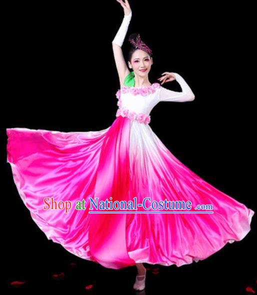 Chinese Classical Fan Dance Pink Dress Traditional Chorus Umbrella Dance Costumes for Women