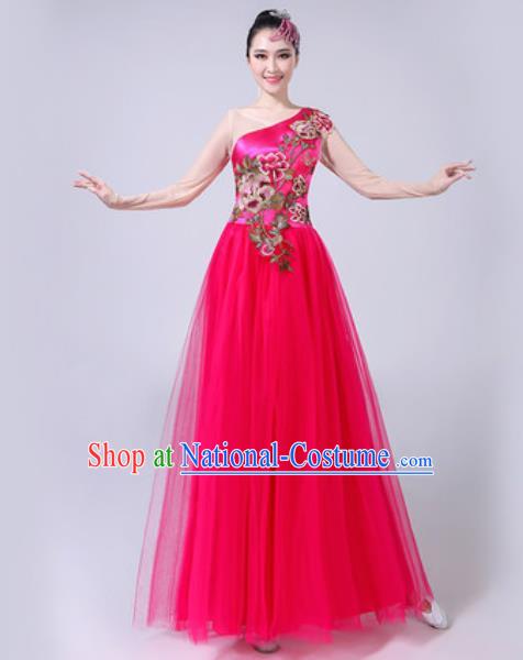 Top Grade Stage Show Chorus Costumes Modern Dance Embroidered Peony Rosy Long Dress for Women