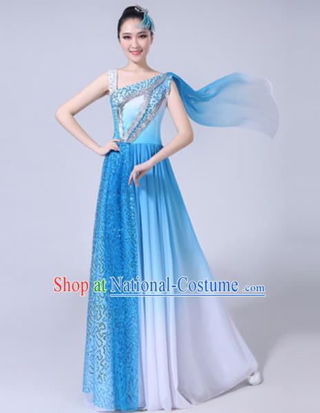 Top Grade Stage Show Costumes Modern Dance Chorus Group Blue Long Dress for Women