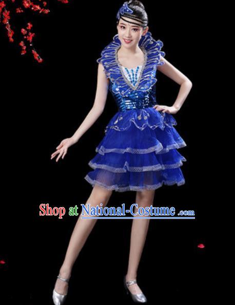 Top Grade Stage Show Costumes Modern Dance Chorus Royalblue Bubble Short Dress for Women