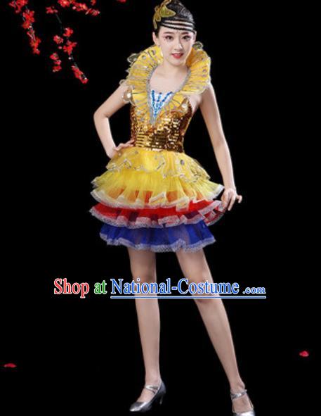 Top Grade Stage Show Costumes Modern Dance Chorus Golden Bubble Short Dress for Women