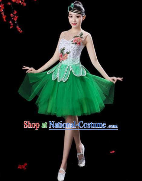 Top Grade Stage Show Costumes Modern Dance Chorus Green Veil Short Dress for Women