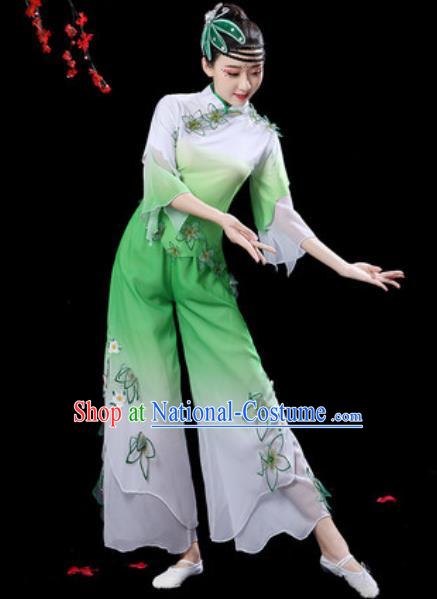 Traditional Chinese Folk Dance Drum Dance Costumes Fan Dance Yangko Green Clothing for Women