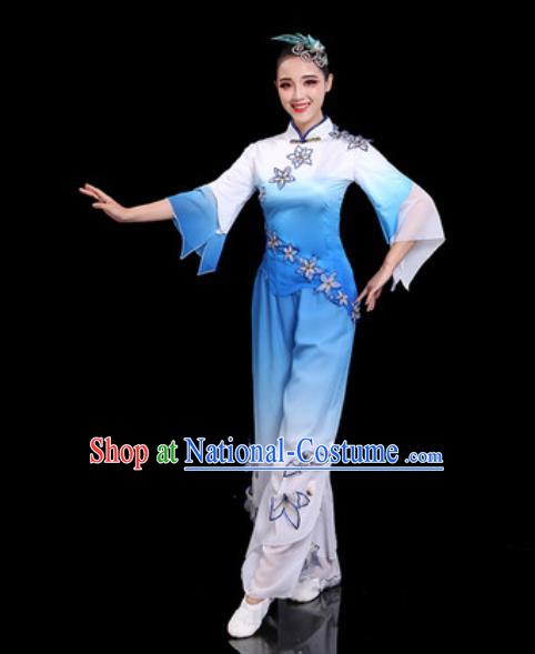 Traditional Chinese Folk Dance Drum Dance Costumes Fan Dance Yangko Blue Clothing for Women