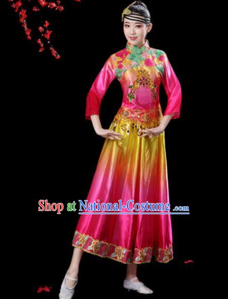 Chinese Classical Dance Umbrella Dance Rosy Dress Traditional Group Dance Chorus Costumes for Women