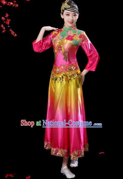 Chinese Classical Dance Umbrella Dance Rosy Dress Traditional Group Dance Chorus Costumes for Women