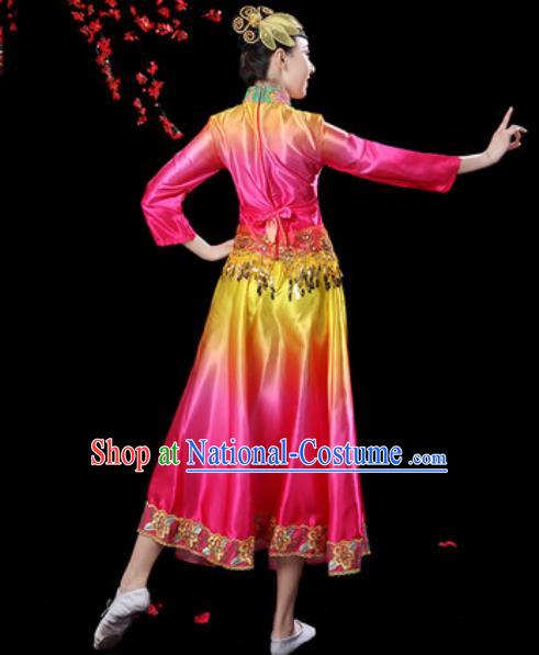 Chinese Classical Dance Umbrella Dance Rosy Dress Traditional Group Dance Chorus Costumes for Women