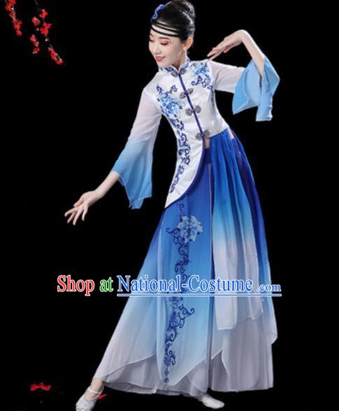 Chinese Classical Dance Umbrella Dance Blue Dress Traditional Group Dance Chorus Costumes for Women