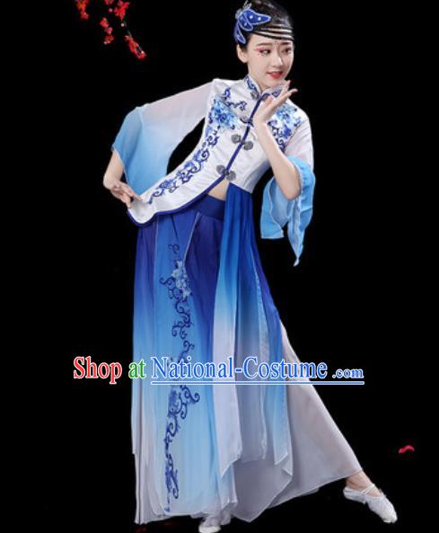 Chinese Classical Dance Umbrella Dance Blue Dress Traditional Group Dance Chorus Costumes for Women