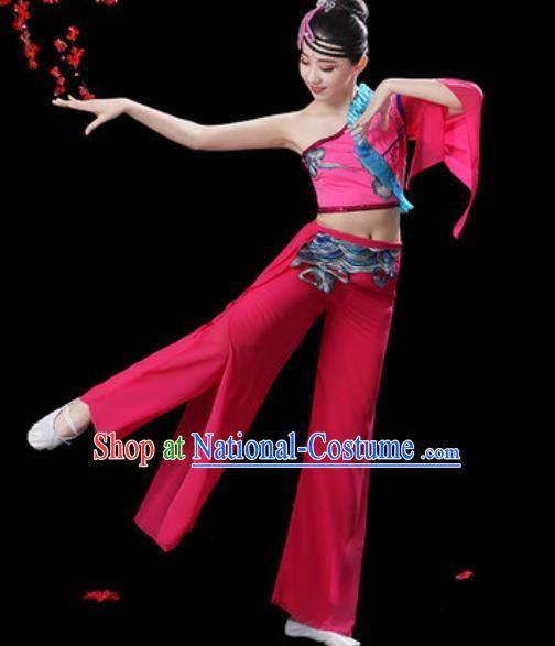 Traditional Chinese Folk Dance Single Sleeve Costumes Fan Dance Yangko Dance Pink Clothing for Women