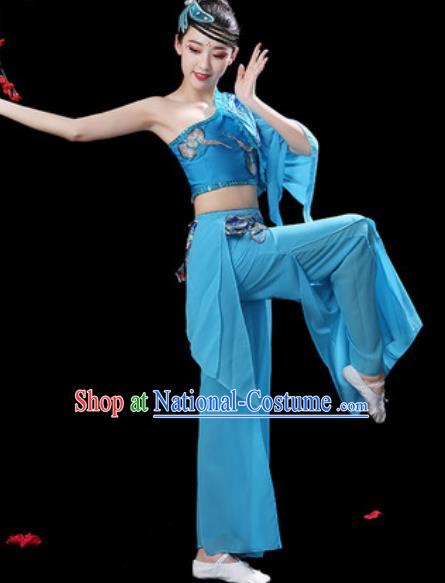 Traditional Chinese Folk Dance Single Sleeve Costumes Fan Dance Yangko Dance Blue Clothing for Women