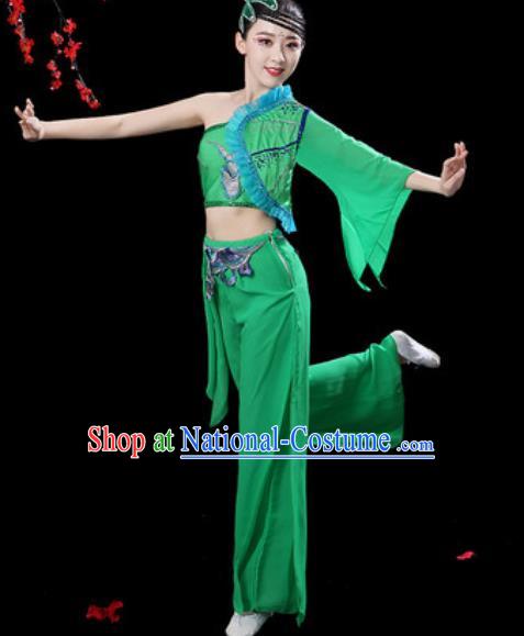 Traditional Chinese Folk Dance Single Sleeve Costumes Fan Dance Yangko Dance Green Clothing for Women