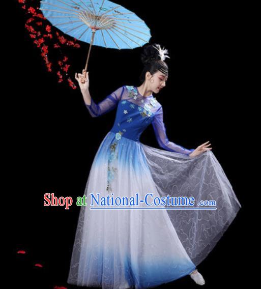 Chinese Classical Dance Royalblue Veil Dress Traditional Umbrella Dance Fan Dance Costumes for Women