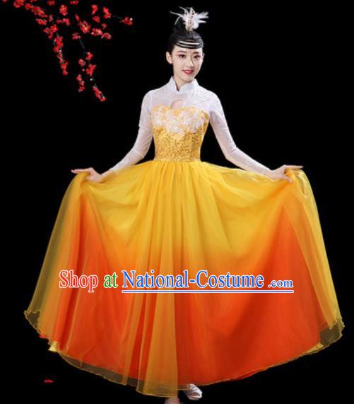 Chinese Classical Dance Chorus Orange Dress Traditional Umbrella Dance Fan Dance Costumes for Women