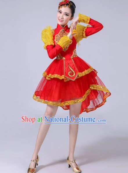 Traditional Chinese Folk Dance Drum Dance Costumes Fan Dance Yangko Dance Red Dress for Women