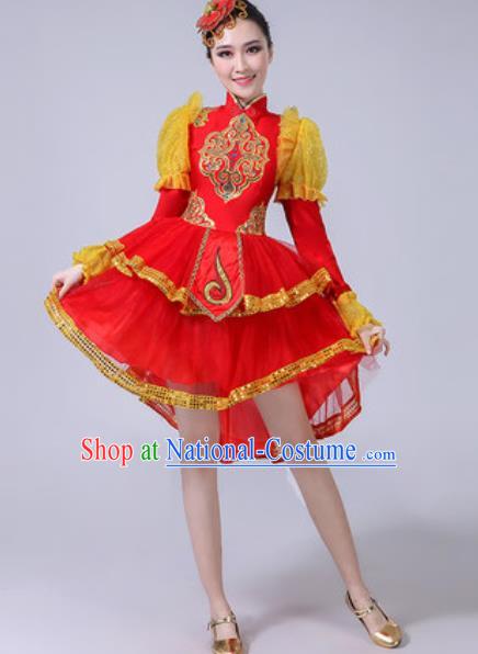 Traditional Chinese Folk Dance Drum Dance Costumes Fan Dance Yangko Dance Red Dress for Women