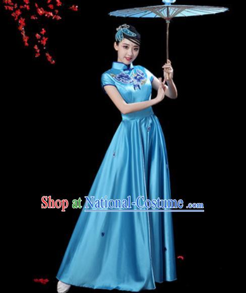 Chinese Classical Dance Chorus Blue Silk Embroidered Dress Traditional Umbrella Dance Fan Dance Costumes for Women