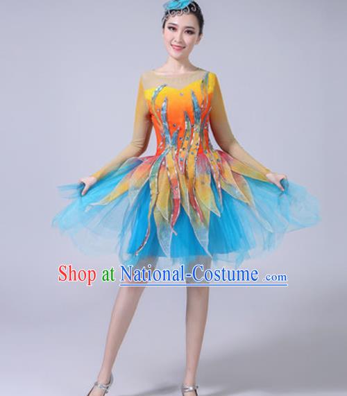 Top Grade Modern Dance Stage Show Costumes Chorus Group Dance Blue Veil Dress for Women