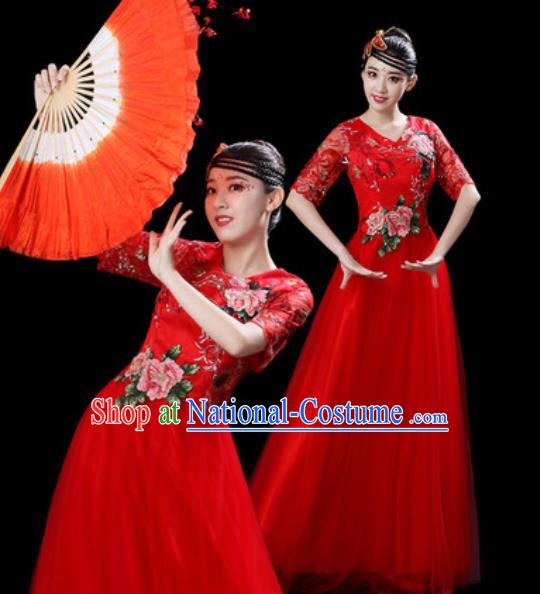 Professional Modern Dance Stage Show Costumes Chorus Group Dance Red Dress for Women