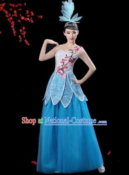 Chinese Classical Dance Blue Veil Dress Traditional Chorus Group Dance Umbrella Dance Costumes for Women