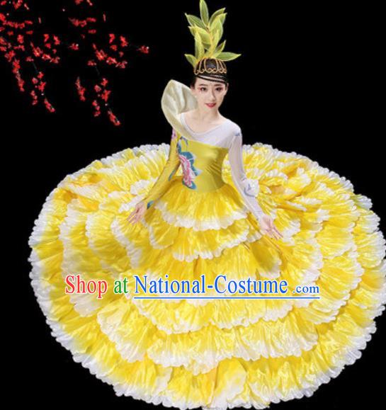 Top Grade Stage Show Group Dance Costumes Modern Dance Chorus Yellow Peony Dress for Women