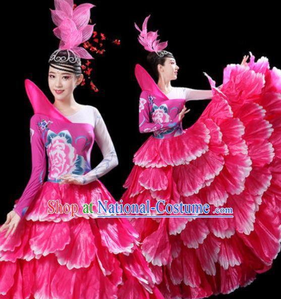 Top Grade Stage Show Group Dance Costumes Modern Dance Chorus Rosy Peony Dress for Women