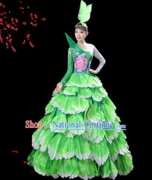 Top Grade Stage Show Group Dance Costumes Modern Dance Chorus Green Peony Dress for Women