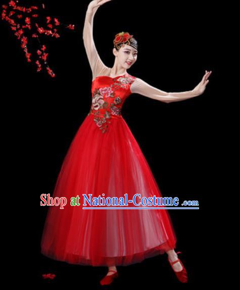 Top Grade Chorus Stage Show Group Dance Costumes Modern Dance Red Veil Dress for Women